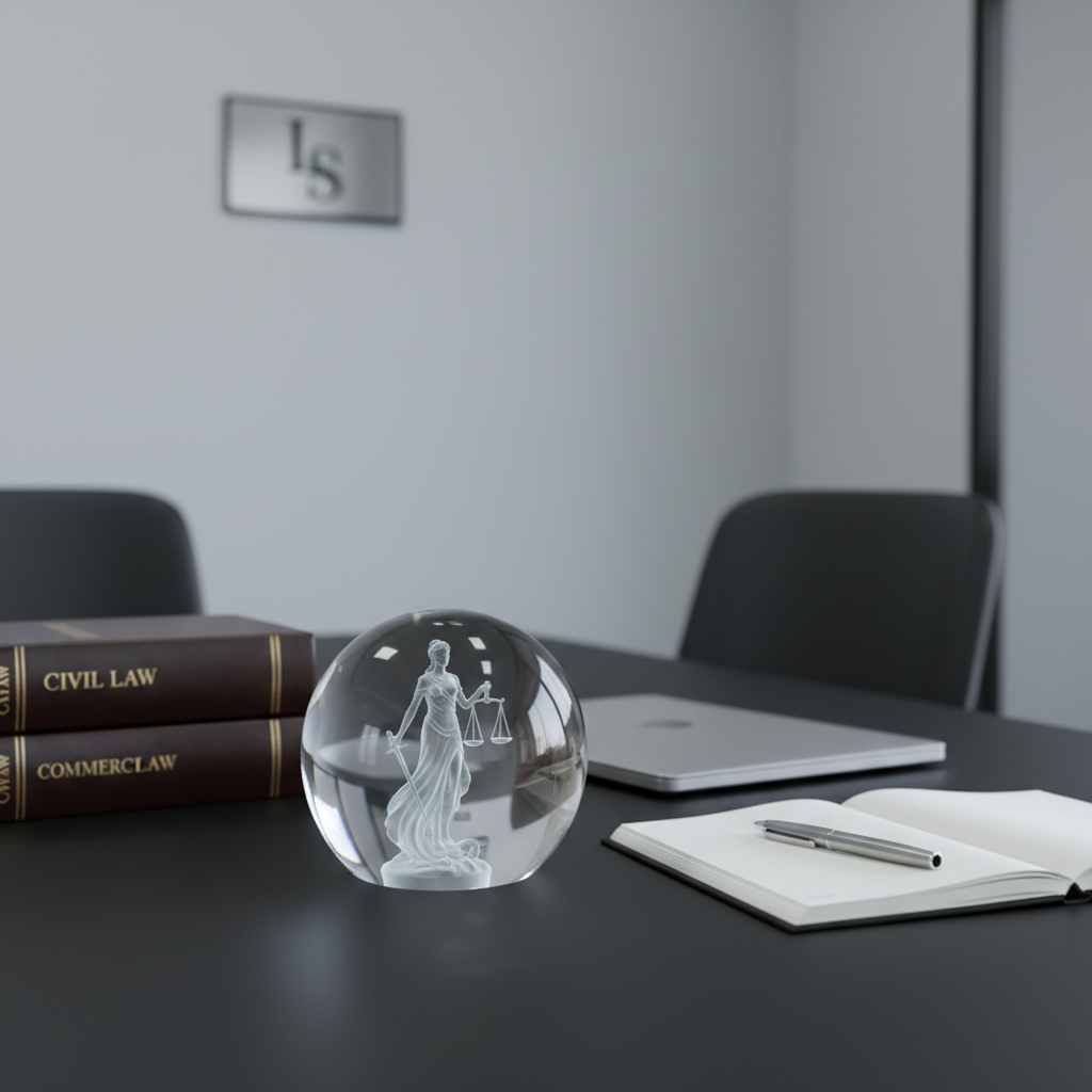 A close-up of an elegant, heavy glass paperweight encasing a finely detailed lady justice symbol, placed on a matte black conference table. Surrounding it are neatly stacked civil and commercial law codes, a slim silver laptop closed beside a tidy notepad and metal pen. The background shows a blurred view of a minimalist law office with light gray walls and a discrete logo plaque. Cool, even studio-style lighting creates sharp clarity with soft reflections on the glass and metal. Captured with a shallow depth of field from a slightly elevated angle, the mood is precise, efficient, and contemporary, emphasizing photographic realism and the firm’s focus on organization and high-level legal strategy.