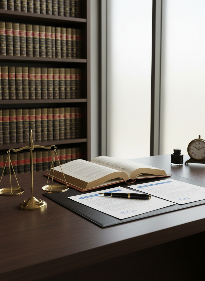 A polished dark-wood lawyer’s desk meticulously organized with an open leather-bound case file, a classic brass scale of justice, and a fountain pen resting on crisp legal documents. Behind the desk, a wall of neatly arranged law books with gold-embossed spines creates a solid backdrop. Soft daylight filters through a frosted glass window, casting gentle, diffused highlights on the desk surface and subtle shadows around the objects. Photographed at eye level with a slight angle, the composition follows the rule of thirds, keeping the scale of justice prominent. The atmosphere is professional, calm, and trustworthy, with clean, photographic realism and a modern corporate aesthetic that reflects a serious, results-oriented law firm.