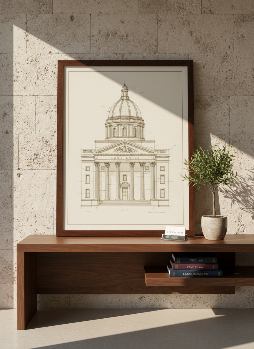 A large, framed architectural drawing of a courthouse façade leaning against a light stone-textured wall in a reception area, next to a low, modern console table in walnut wood. On the table sit a small potted olive-green plant, a silver business card holder engraved with the firm’s name, and a neatly stacked set of civil, family, and commercial law books. Natural afternoon light streams from the side, creating a warm yet controlled glow with defined but gentle shadows. Photographed straight-on with balanced symmetry and sharp focus throughout, the scene feels welcoming, stable, and refined. The photographic style is clean and modern, reinforcing the law firm’s long-established presence and attention to detail in multiple practice areas.